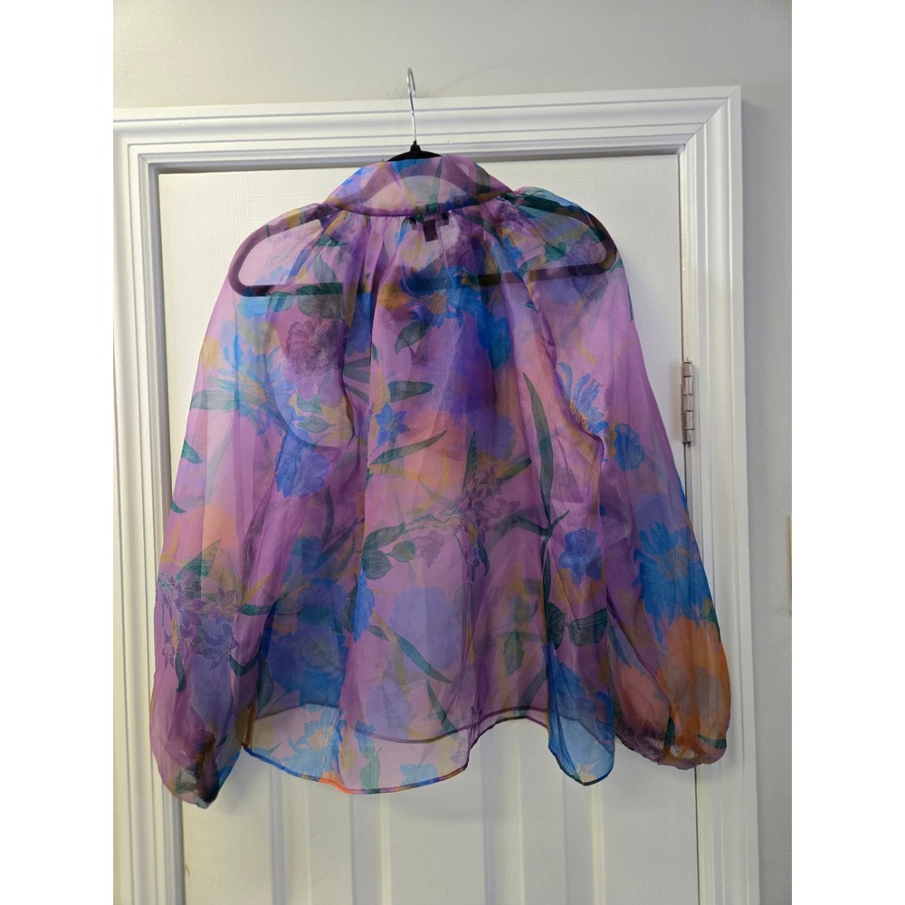 Current Air Purple Floral Sheer Organza Bow Tie Neck Balloon Sleeve Blouse S - Picture 3 of 5